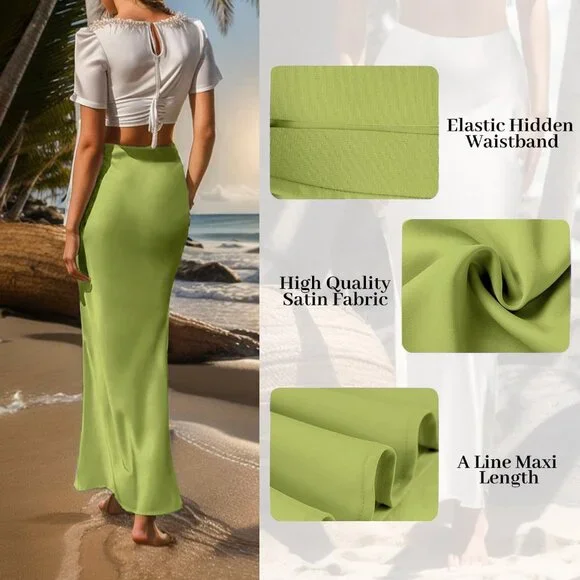 Women's Apple Green Satin Waisted Hidden Elasticized Waistband A Line Maxi Skirt - Picture 4 of 5